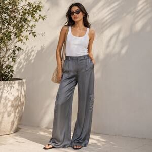 Babaton by Aritzia SZ 4 Silky Satin Cargo Trousers Graphite Gray – Wide Leg